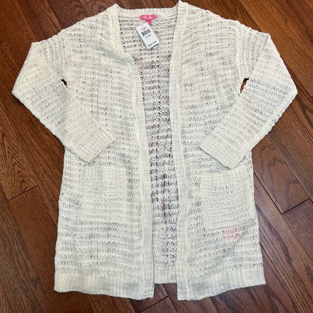 NWT! Say What? Cream Ivory Long Duster Open-Front Knit Cardigan - size XL 16